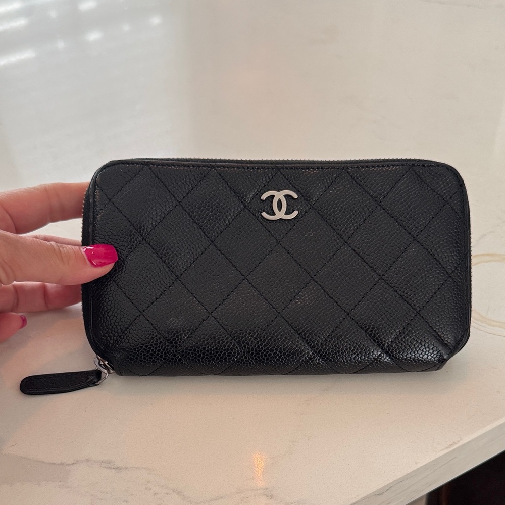 CHANEL Black Quilted Wallet with Silver Accent